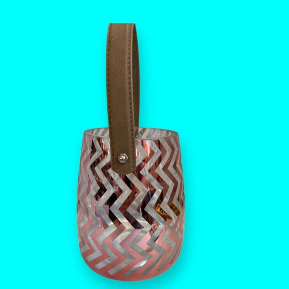 Vintage Leather Handled Glass Ice Bucket Gold Metallic Vertical Zigzag Chevron - Picture 5 of 8